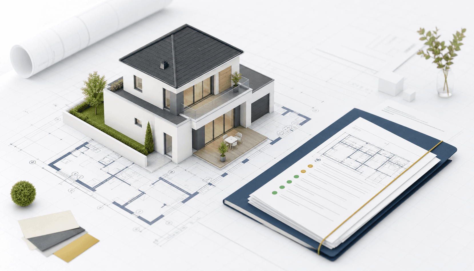 Maison moderne sur plans d'urbanisme et dossier de permis de construire
